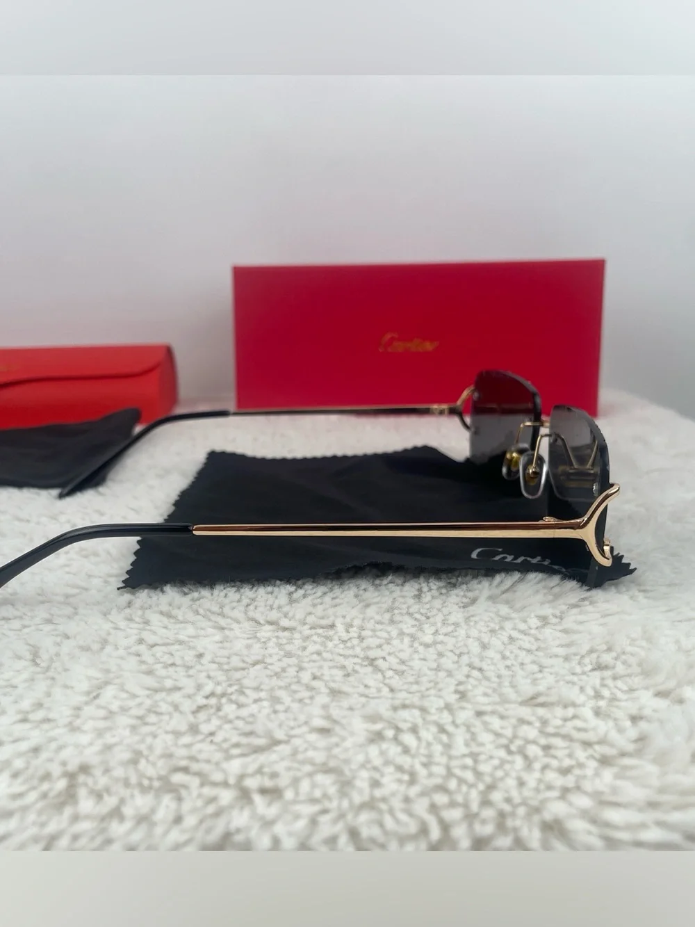 Cartier Big C Diamond Cut Sunglasses Black Lenses Gold Frame